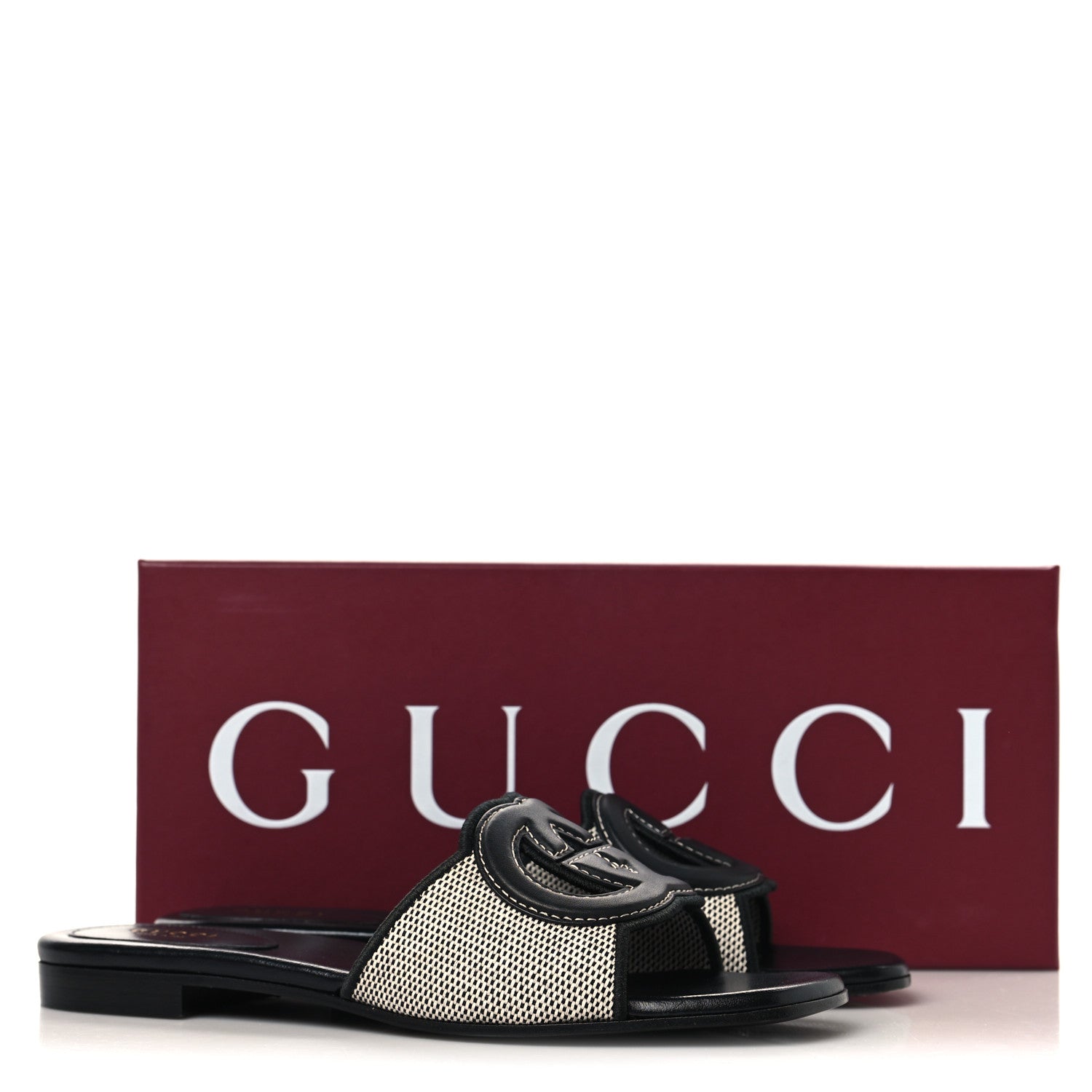 Gucci Canvas Rice Cosmos Softy Calfskin Interlocking G Cut Out Slide Sandals 37.5 Black Natural