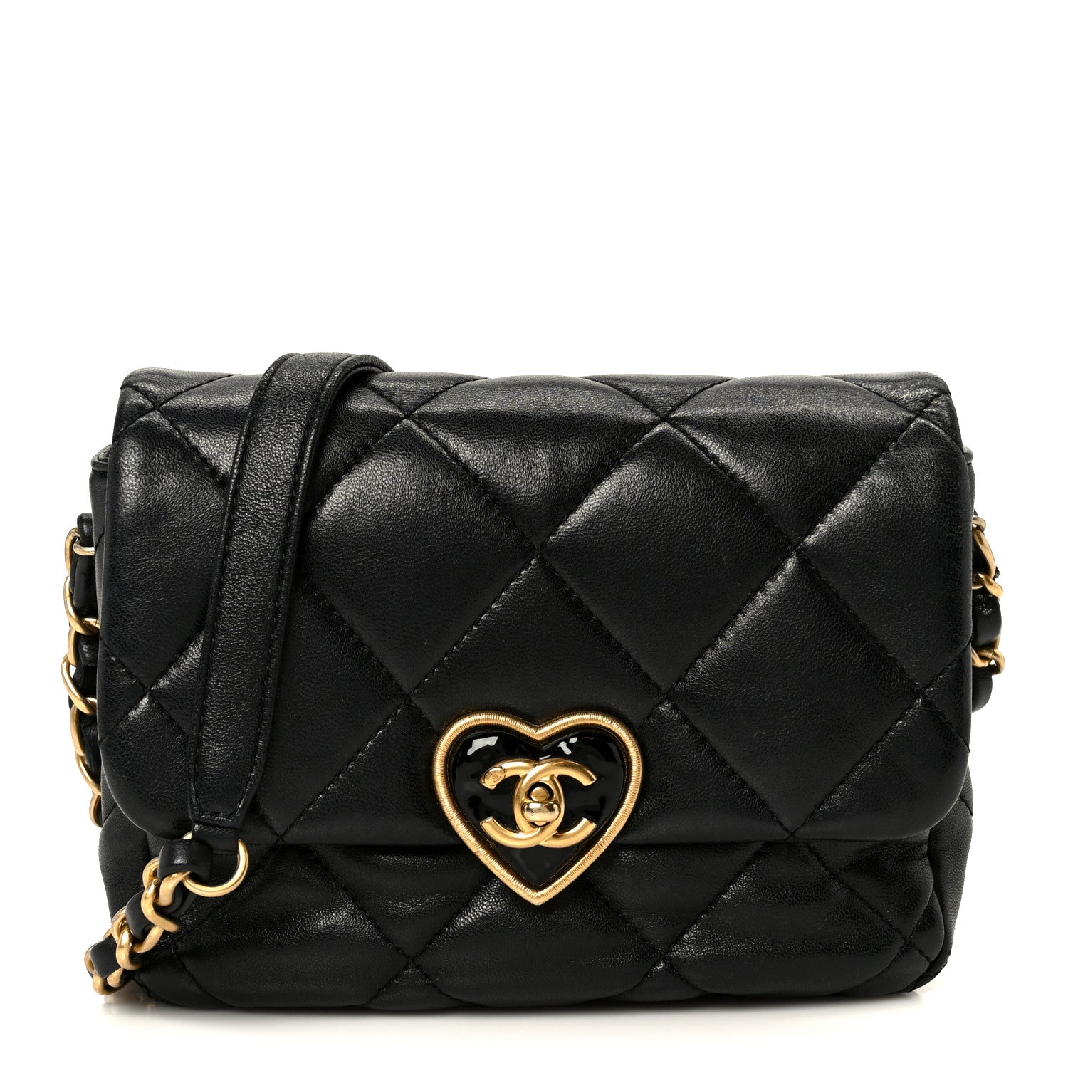 Chanel Lambskin Resin Quilted Mini Heart Square Flap Black