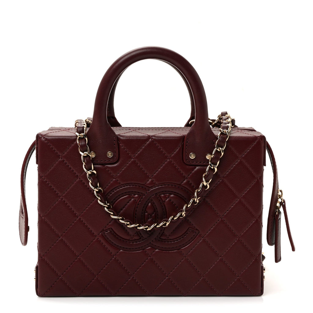 Chanel Calfskin Quilted Studded Square Vanity Case Burgundy