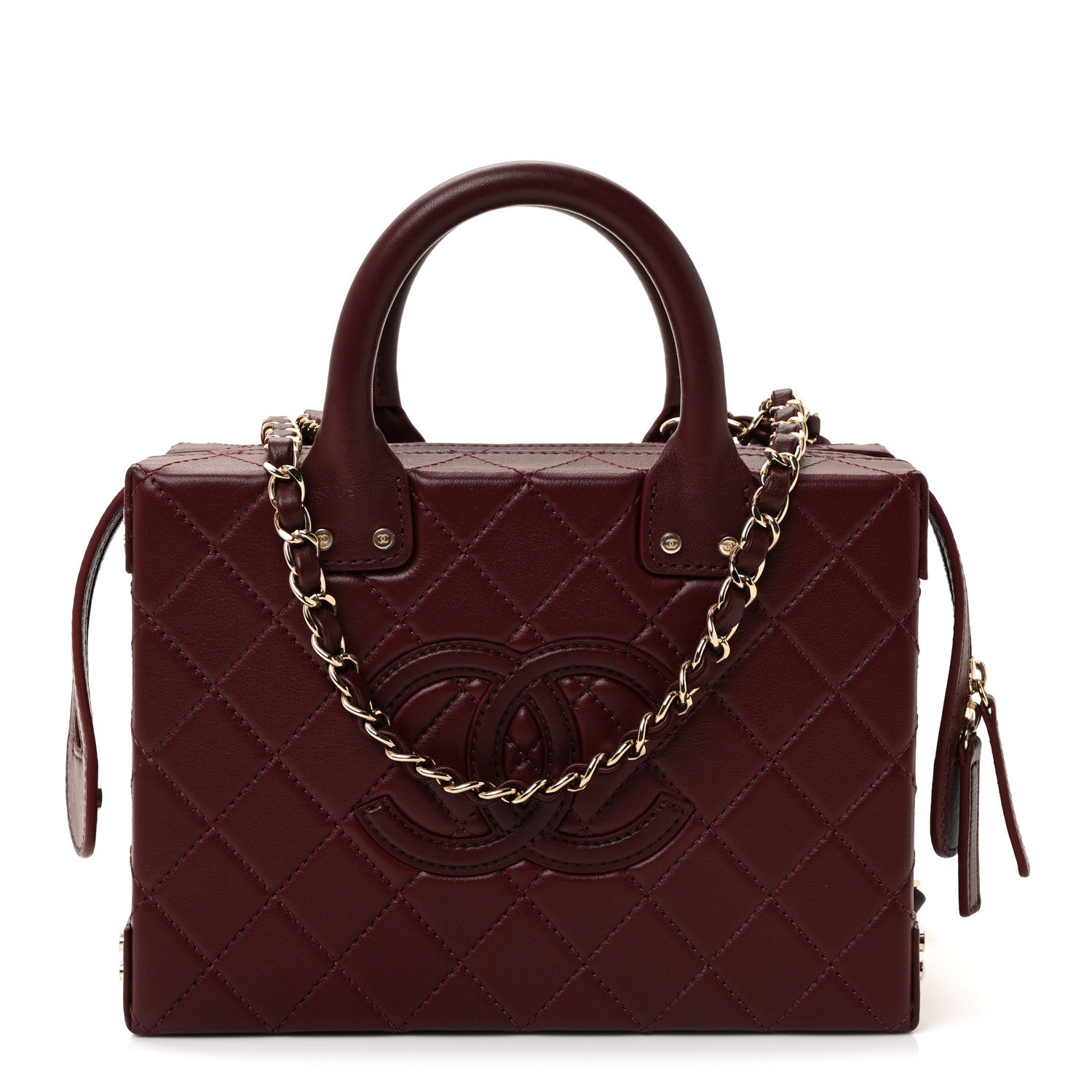 Chanel Calfskin Quilted Studded Square Vanity Case Burgundy