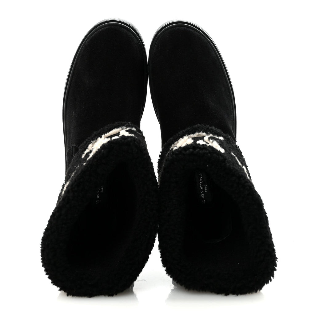 Louis Vuitton Suede Calfskin Shearling Snowdrop Flat Ankle Boot 37.5 Black