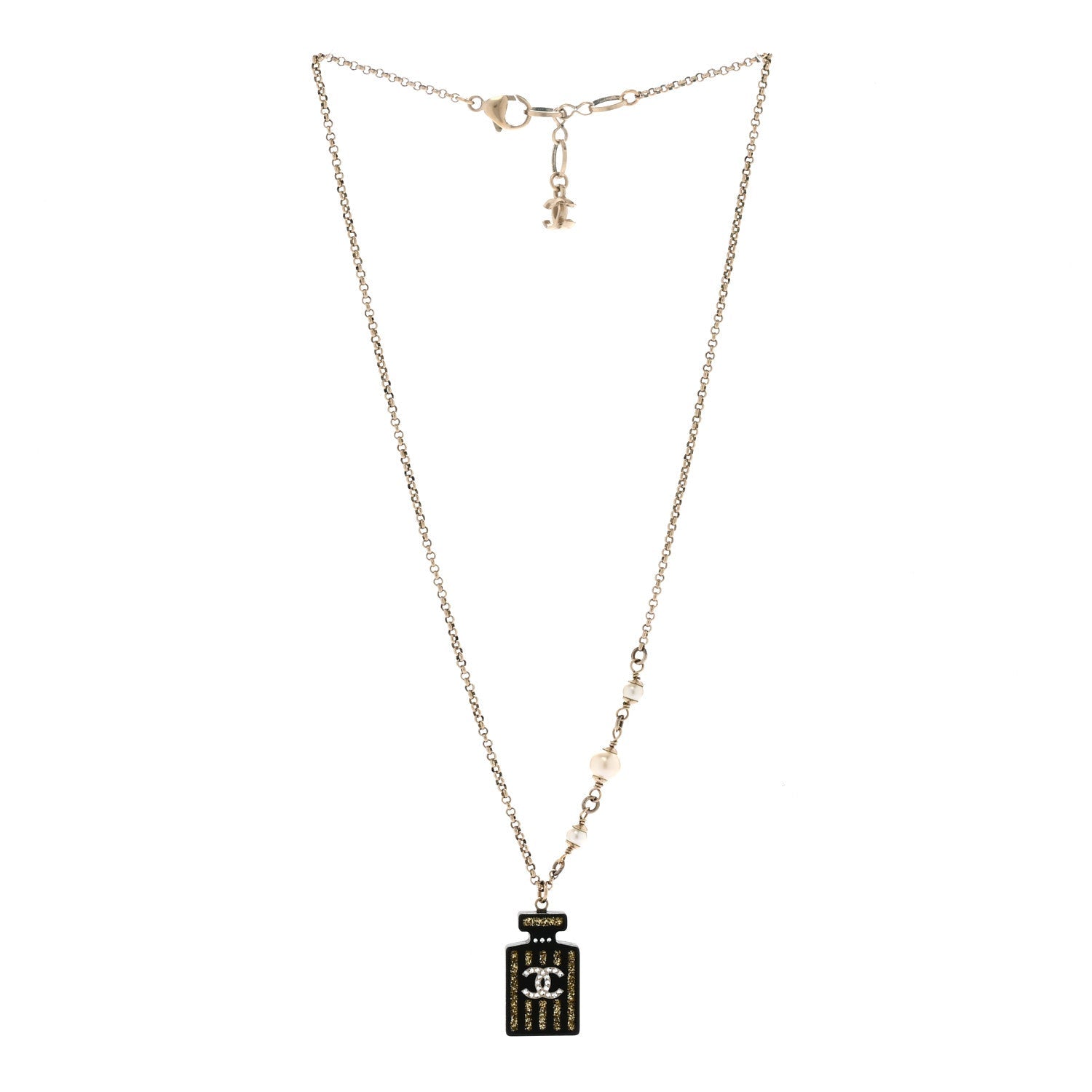 Resin Strass Pearl Perfume Bottle CC Necklace Black Gold