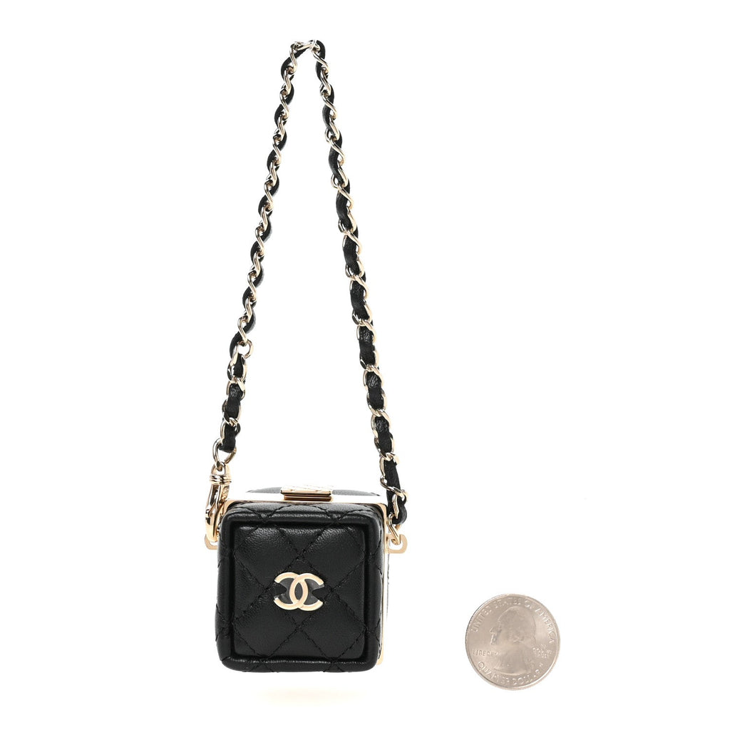 Lambskin Quilted Cube Mini Bag Charm Black