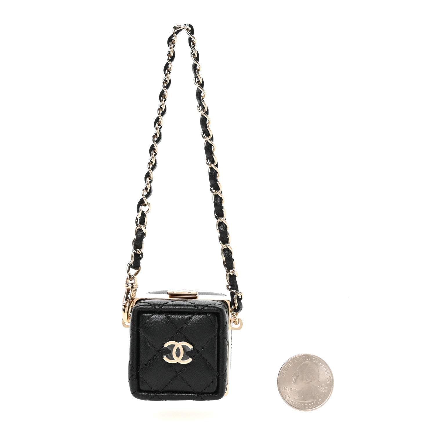 Lambskin Quilted Cube Mini Bag Charm Black
