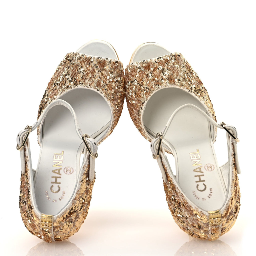 Metallic Sequin Peep Toe Pumps 37.5 Light Gold White