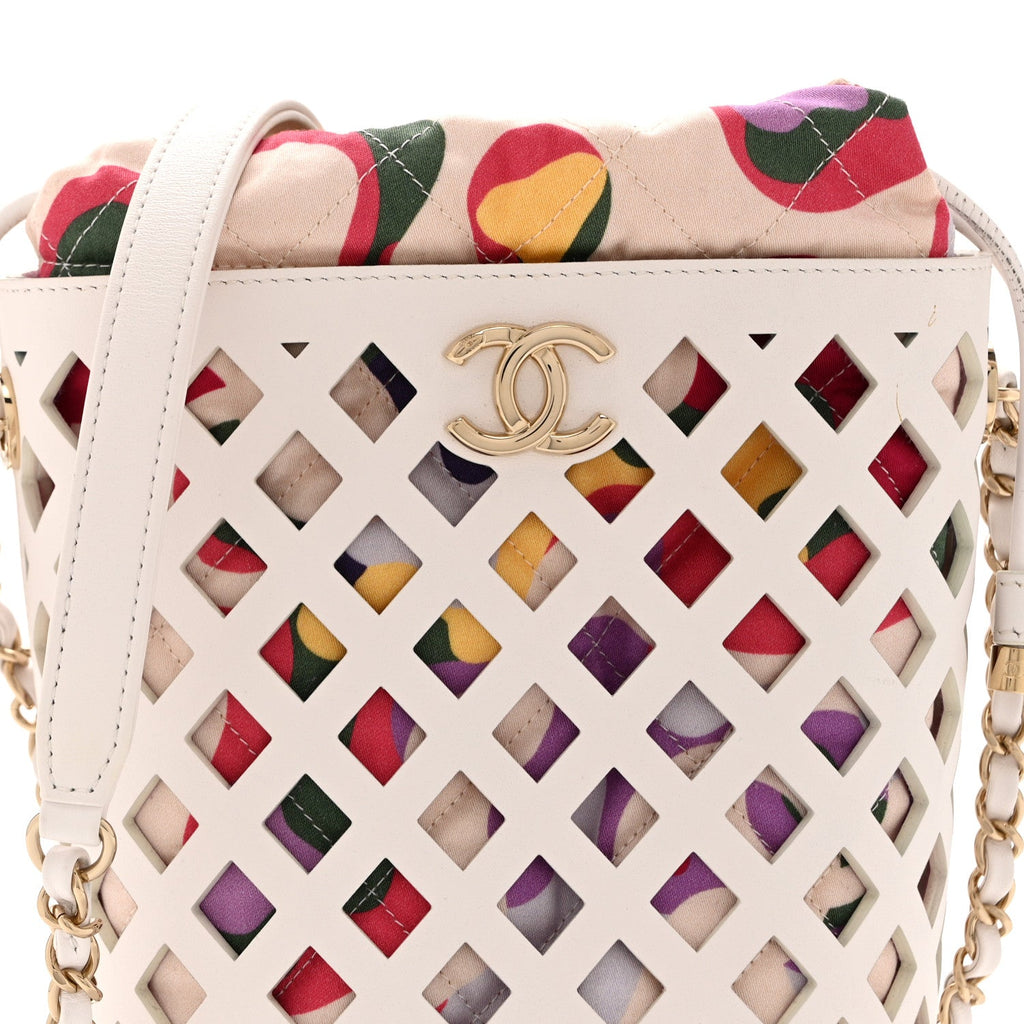 Chanel Lambskin Sea Through Bucket Drawstring Bag White Multicolor