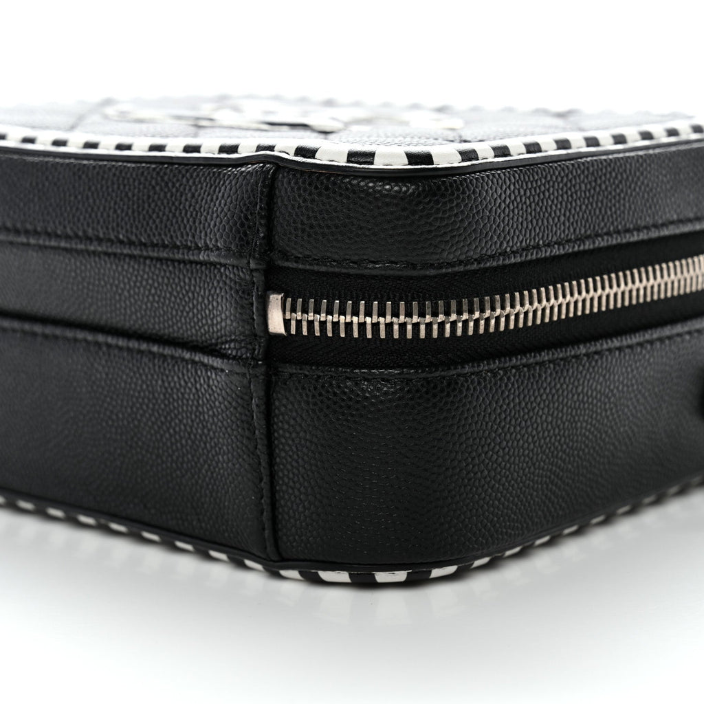 Chanel Caviar Quilted Striped Small CC Filigree Vanity Case Black White