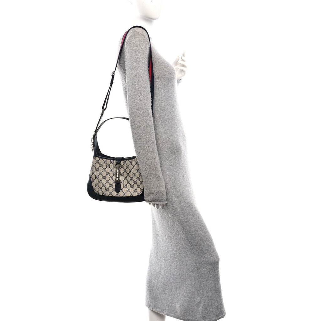 Gucci GG Supreme Monogram Textured Dollar Calfskin Web Small Jackie 1961 Hobo Beige Blue