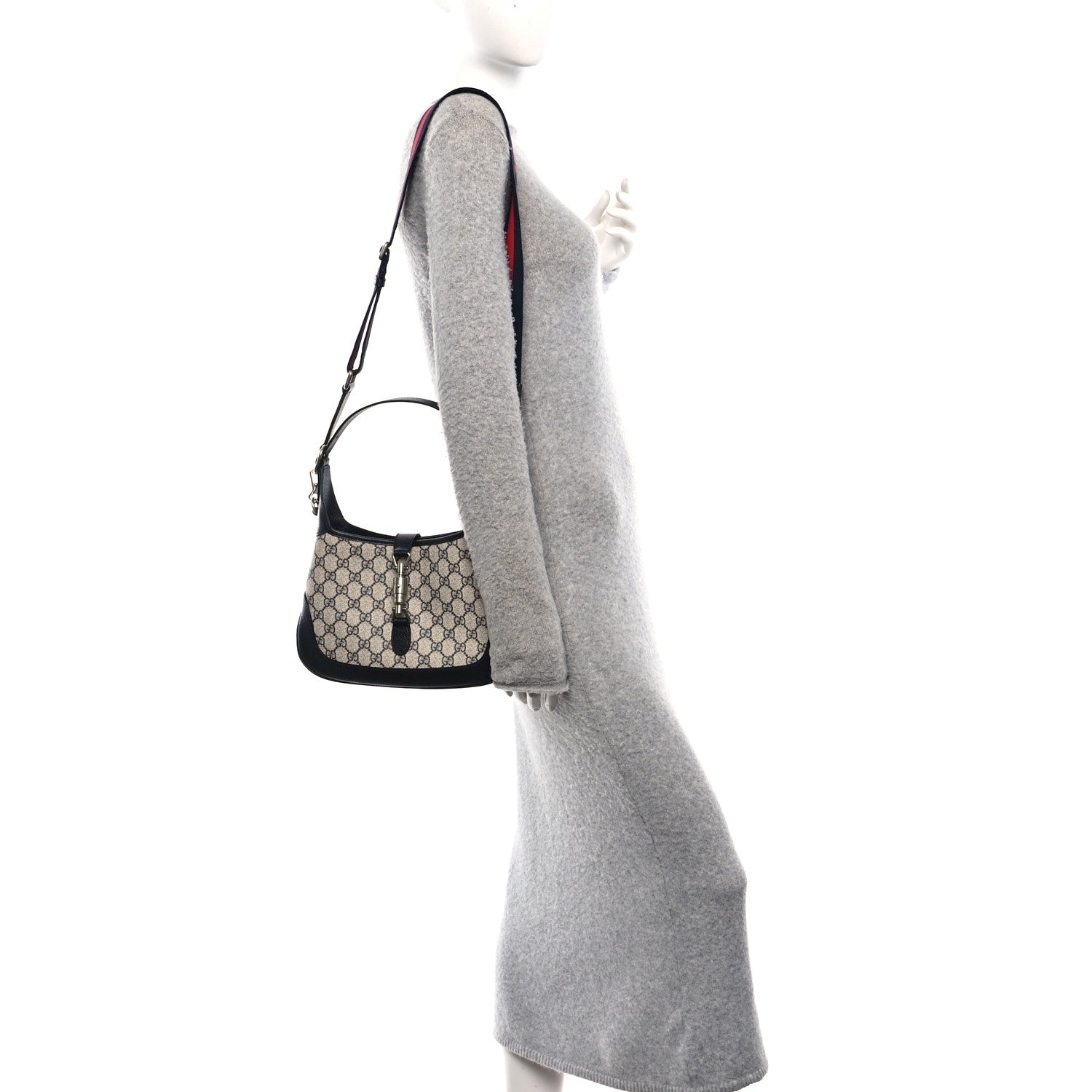 Gucci GG Supreme Monogram Textured Dollar Calfskin Web Small Jackie 1961 Hobo Beige Blue