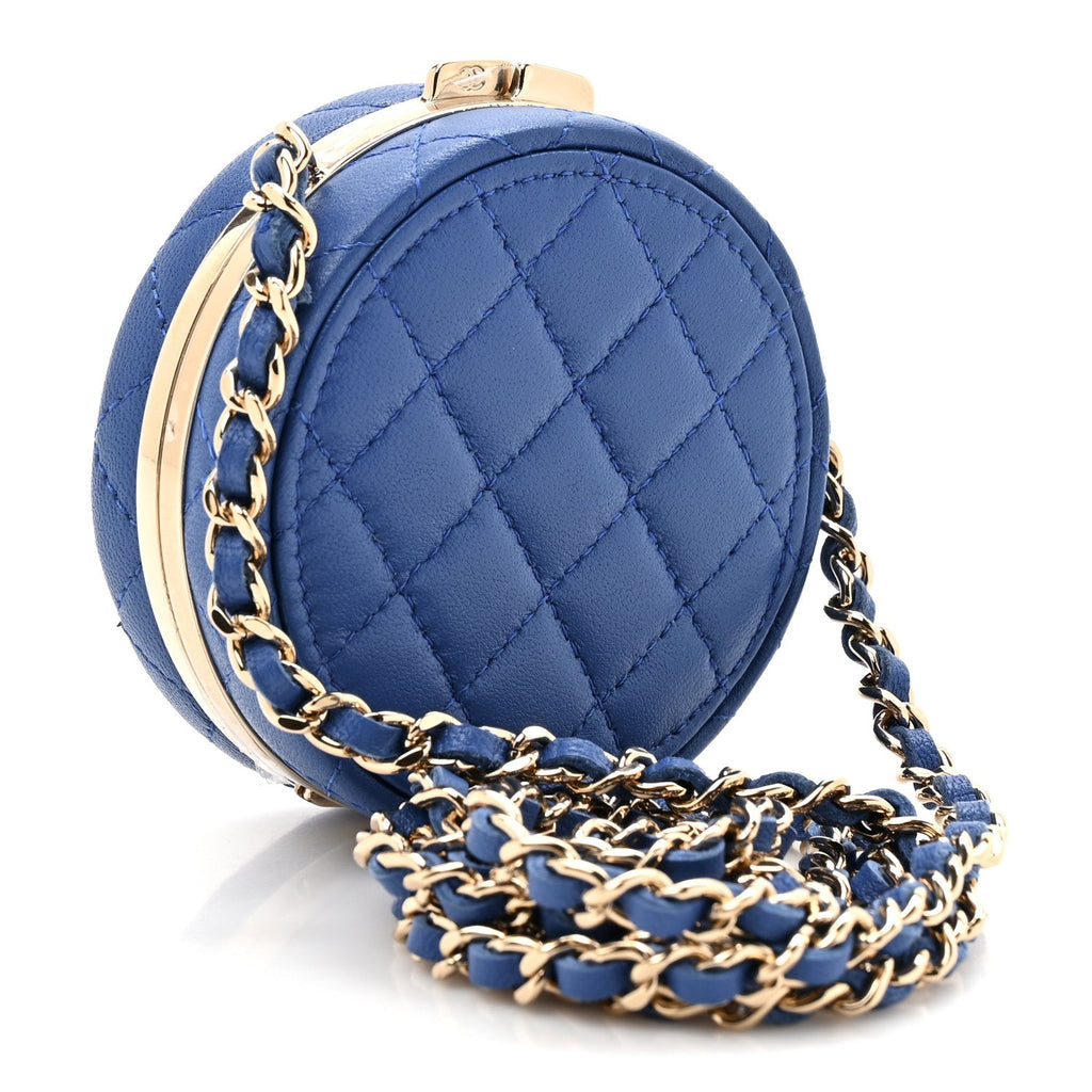 Chanel Lambskin Enamel Quilted Round Poker Chip Clutch With Chain Blue White