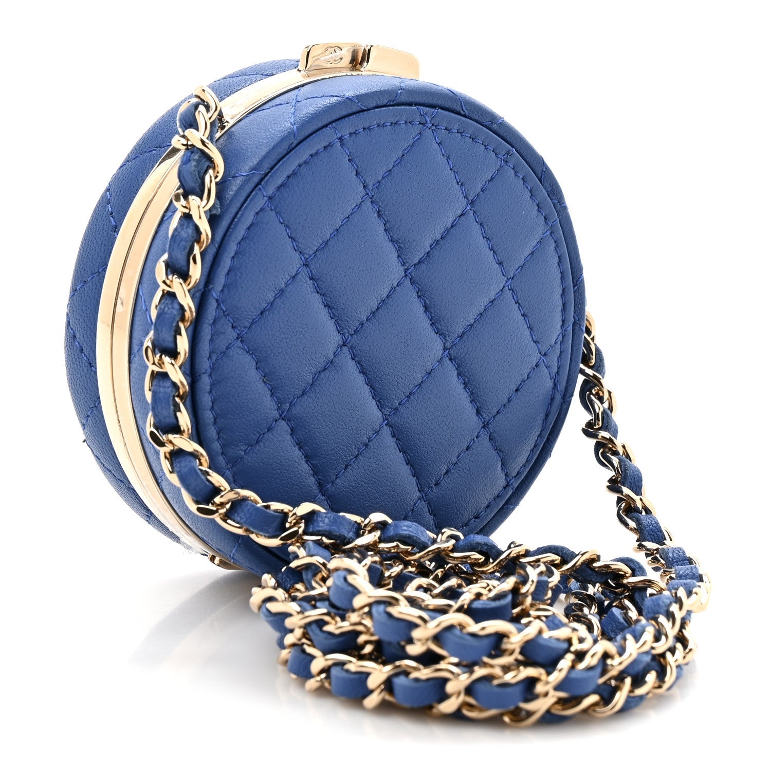 Chanel Lambskin Enamel Quilted Round Poker Chip Clutch With Chain Blue White
