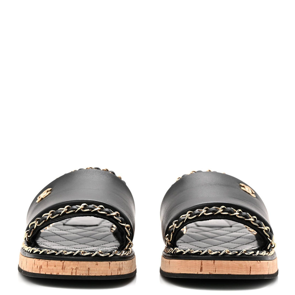 Lambskin Chain Cork Slide Sandals 38 Black