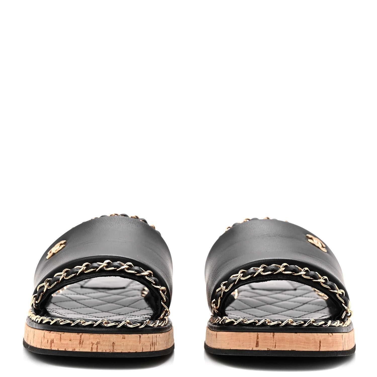 Lambskin Chain Cork Slide Sandals 38 Black