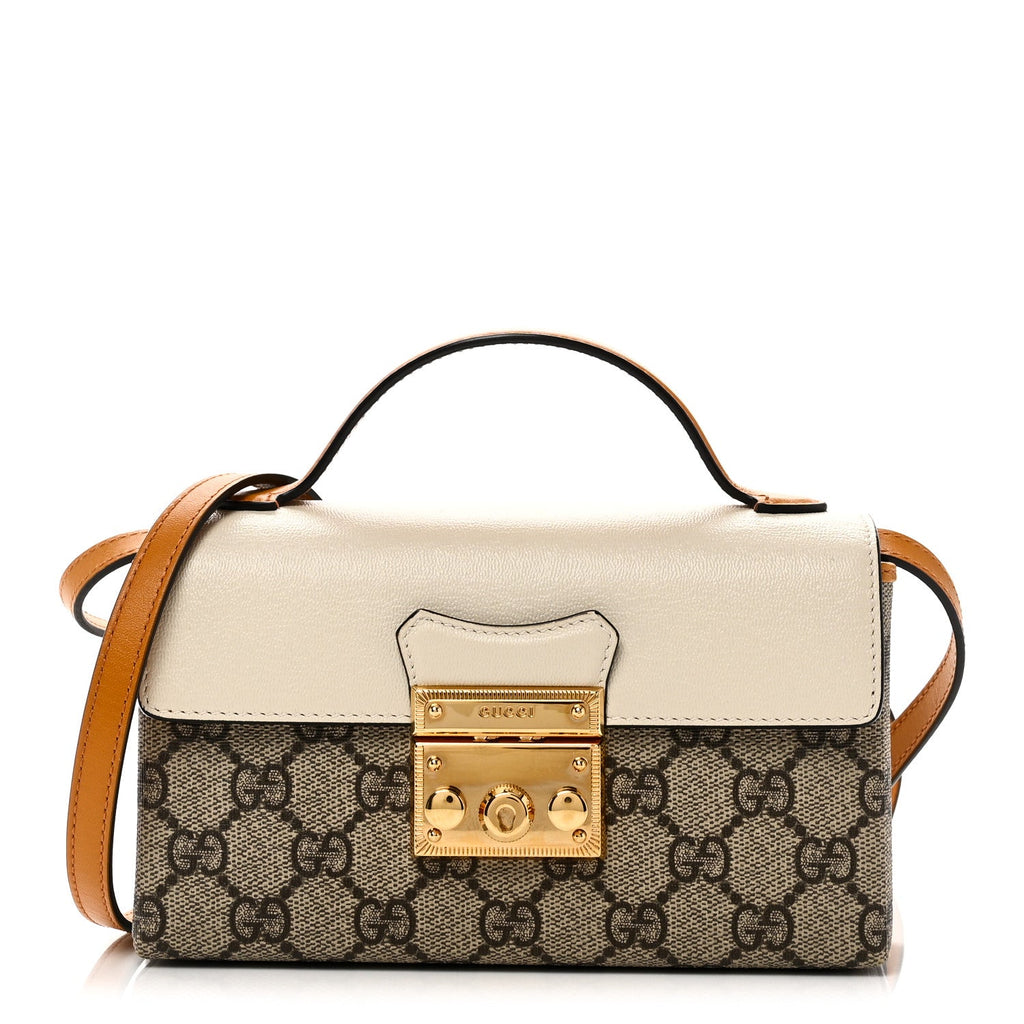 Gucci GG Supreme Monogram New Sakai Calfskin Mini Padlock Top Handle Shoulder Bag Beige Ebony Mystic White Sun Oil