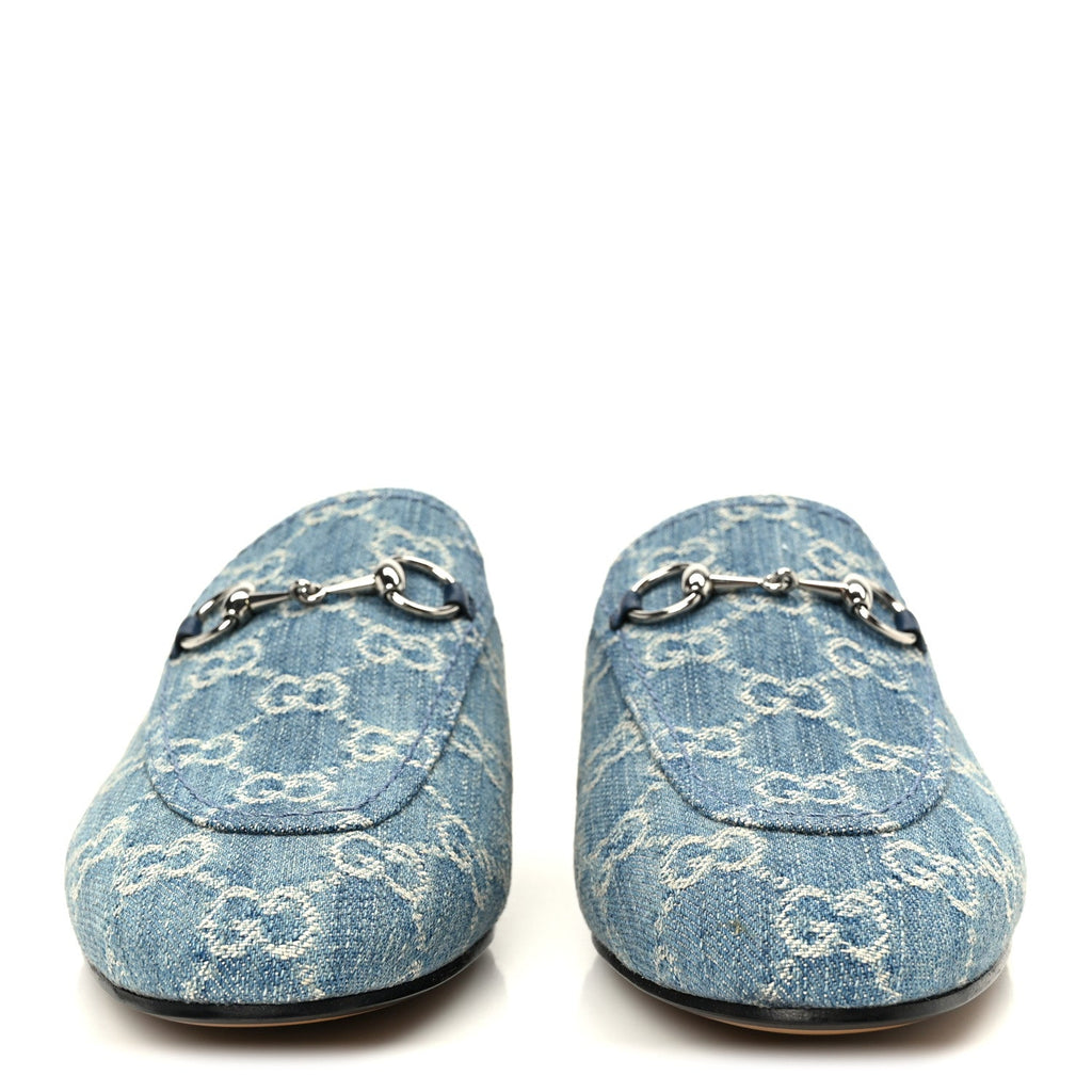 Gucci New Denim GG Malaga Kid Womens Princetown Slippers 37.5 Light Blue Royale