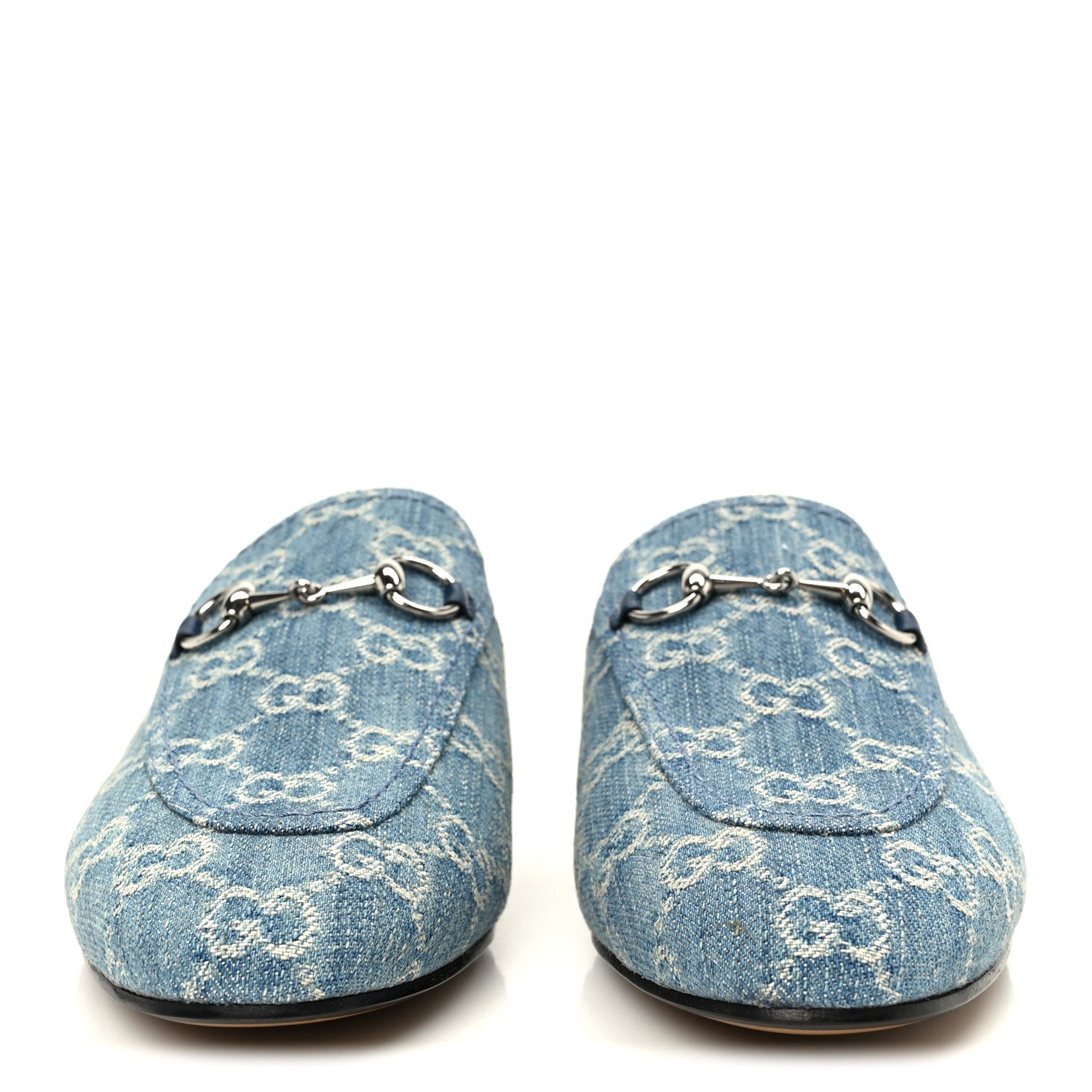 Gucci New Denim GG Malaga Kid Womens Princetown Slippers 37.5 Light Blue Royale