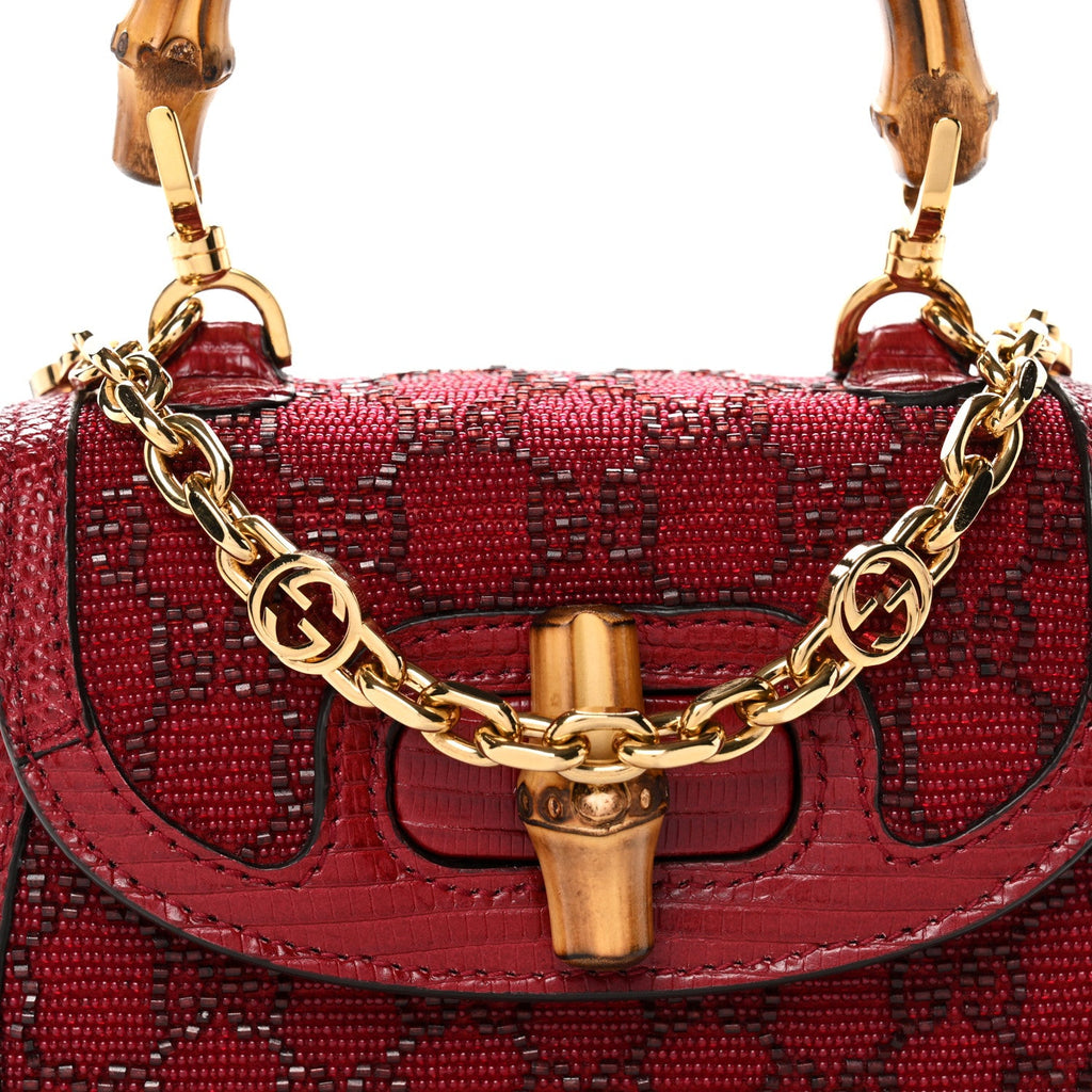 Gucci Moire Fabric Calfskin Rhinestone Monogram Monochrome Lizard Embossed Mini Bamboo 1947 Top Handle Chain Bag Red