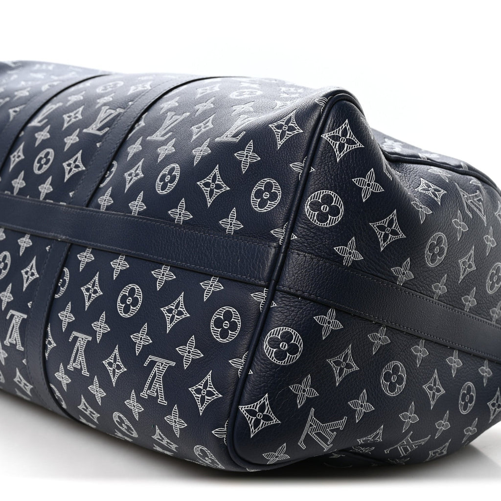 Louis Vuitton Calfskin Shadow Monogram Keepall Bandouliere 50 Ink Blue White
