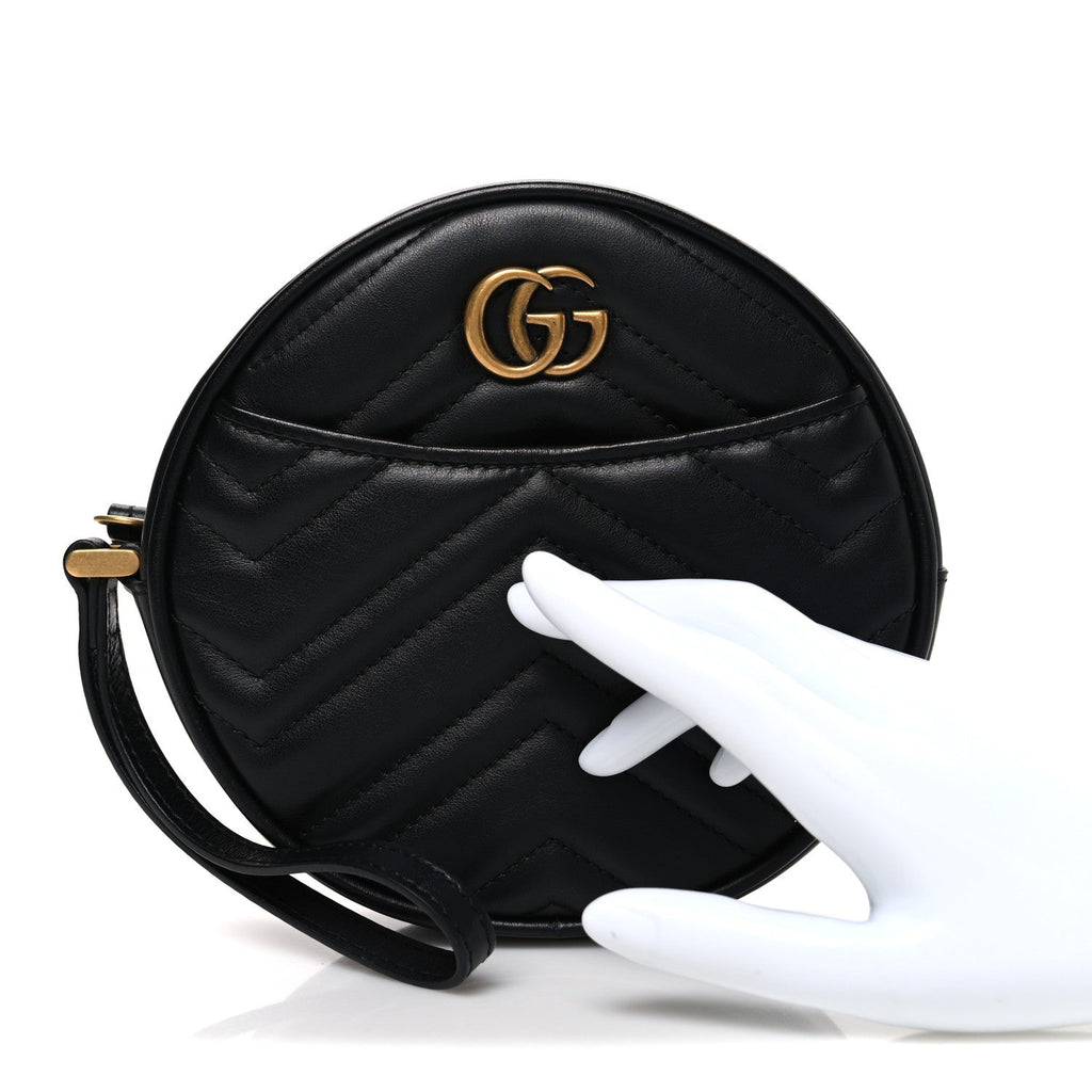Gucci Calfskin Matelasse GG Marmont Round Wrist Wallet Black