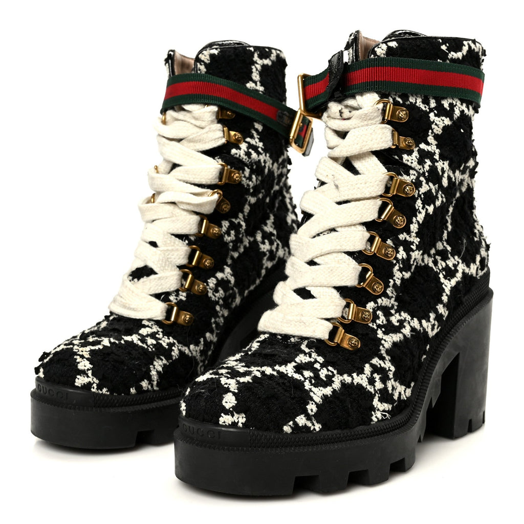 Gucci Tweed GG Monogram Lace Up Combat Ankle Boots 38 Black