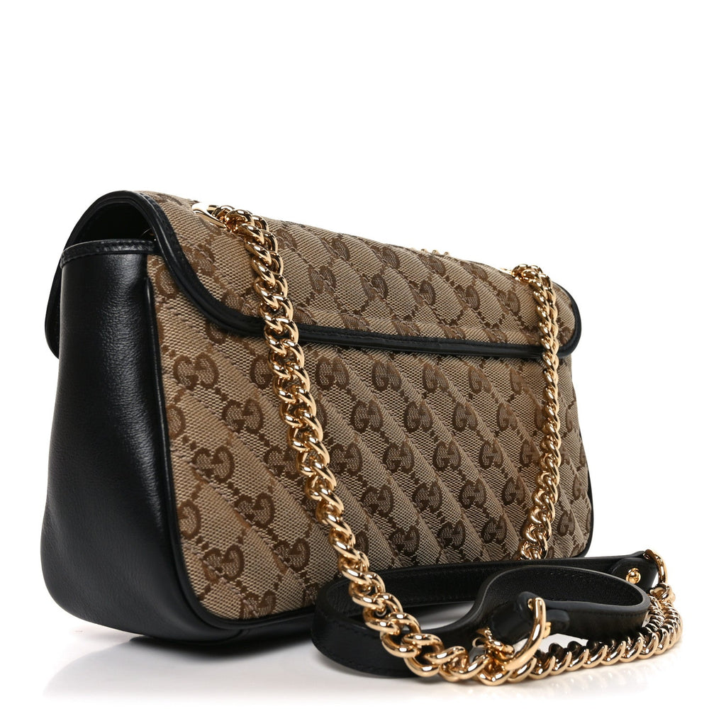 Gucci Monogram Matelasse Diagonal Small GG Marmont Shoulder Bag Beige Black