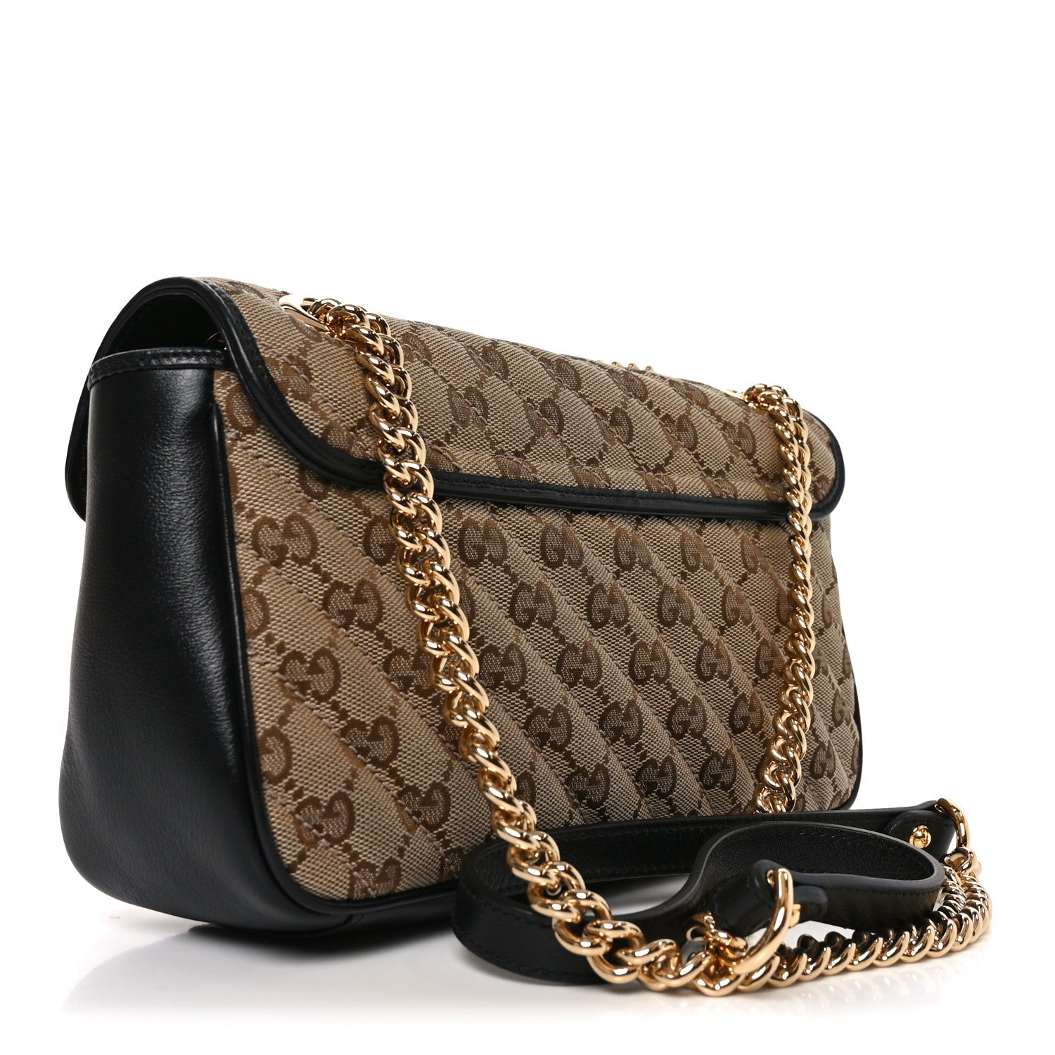 Gucci Monogram Matelasse Diagonal Small GG Marmont Shoulder Bag Beige Black