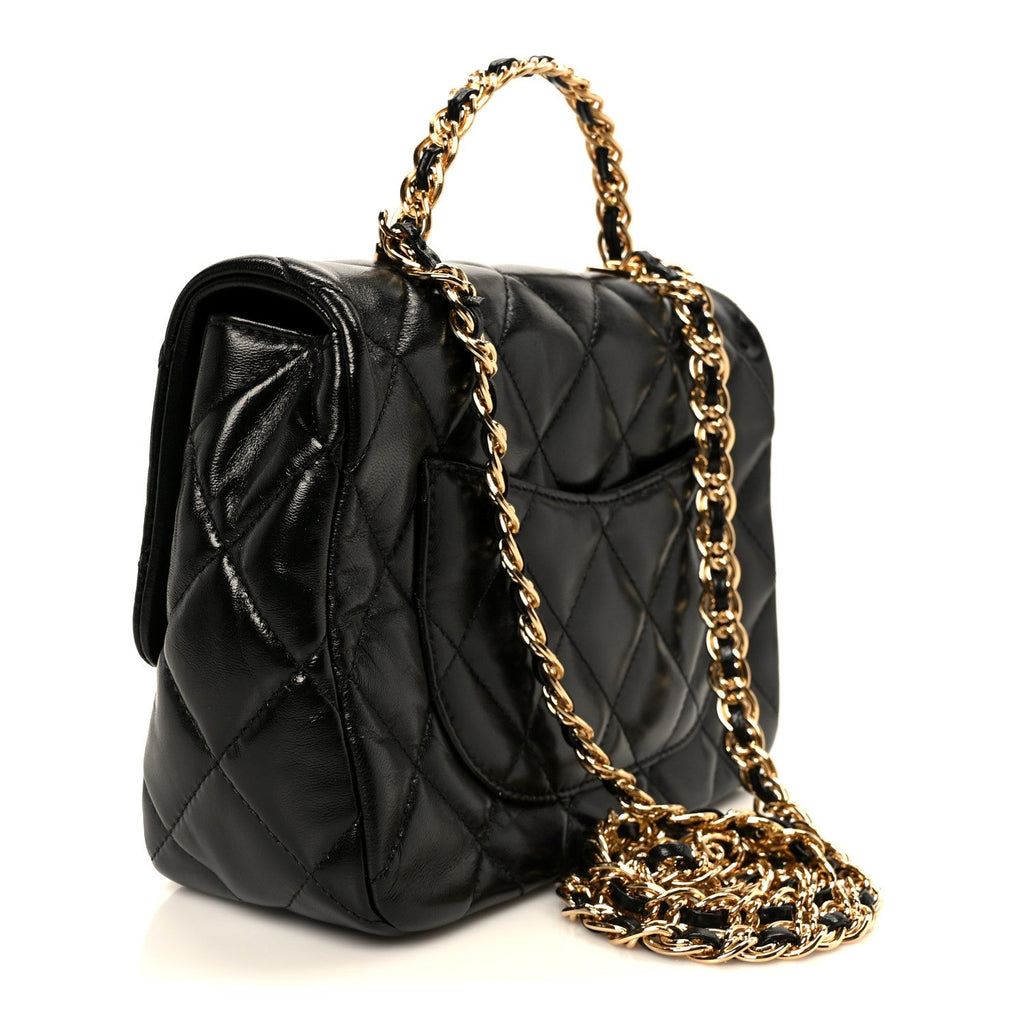 Chanel Shiny Lambskin Quilted Golden Links Top Handle Flap Black