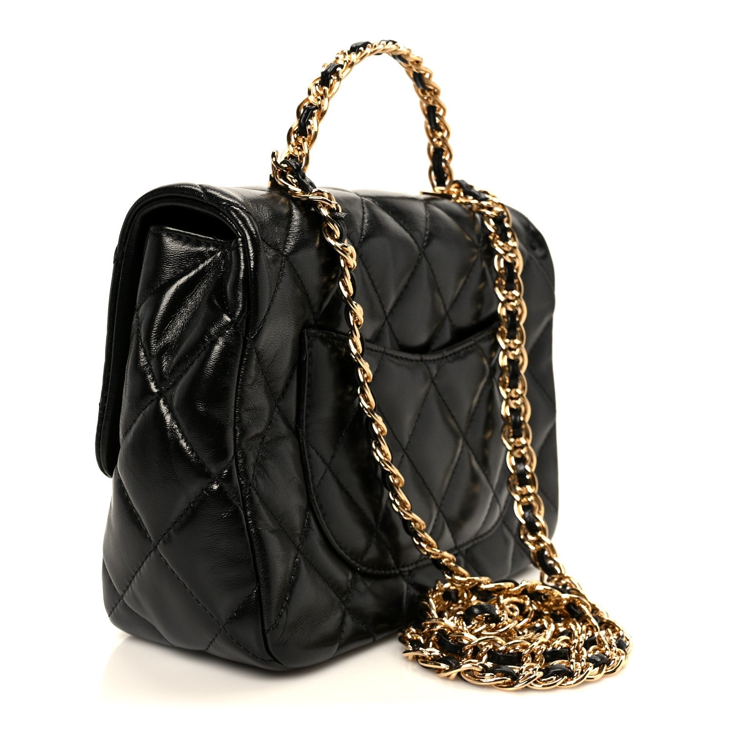 Chanel Shiny Lambskin Quilted Golden Links Top Handle Flap Black