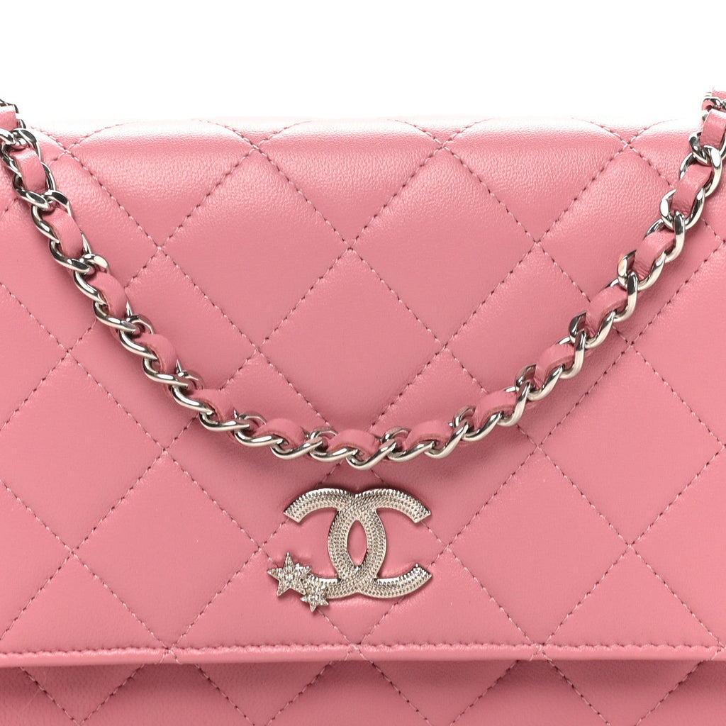 Chanel Lambskin Quilted Crystal Star Wallet On Chain WOC Pink