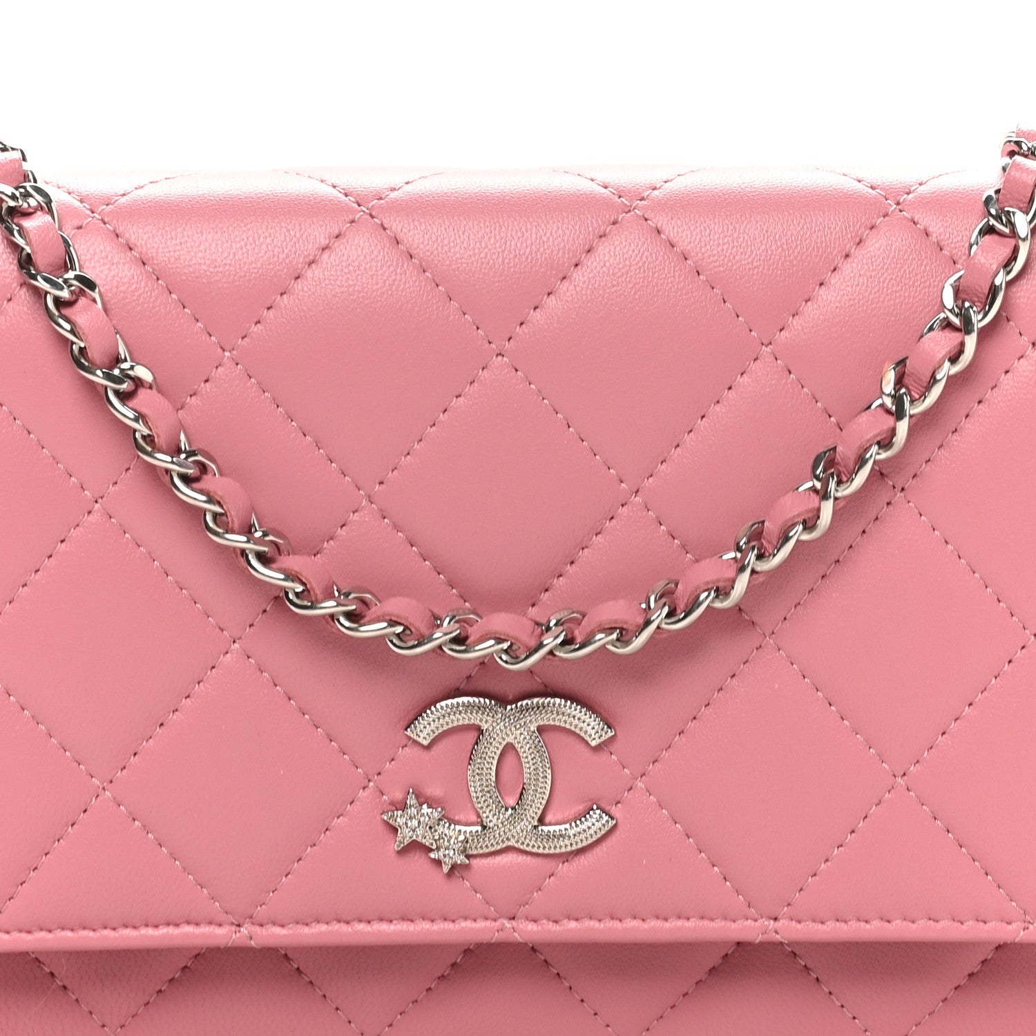 Chanel Lambskin Quilted Crystal Star Wallet On Chain WOC Pink