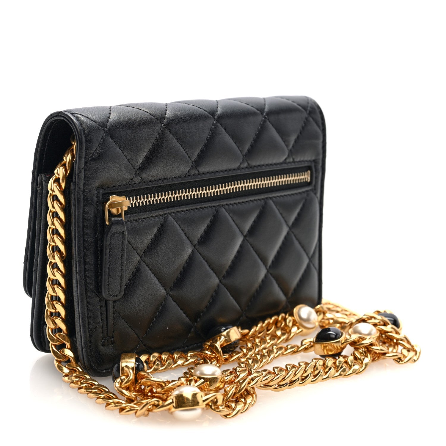 Chanel Lambskin Quilted CC Pearl Enamel Clutch on Chain WOC Black
