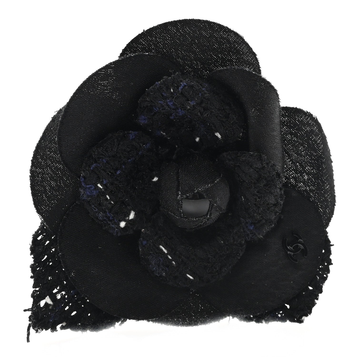 Chanel Tweed Camellia Pin Brooch Black White