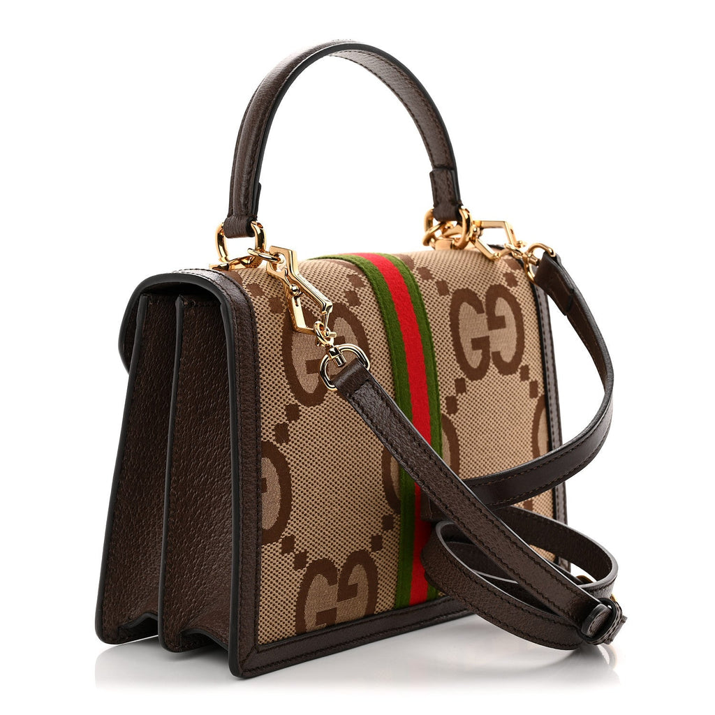 Gucci Monogram Jumbo GG Textured Dollar Calfskin Web Small Ophidia Padlock Top Handle Bag Camel Ebony New Acero