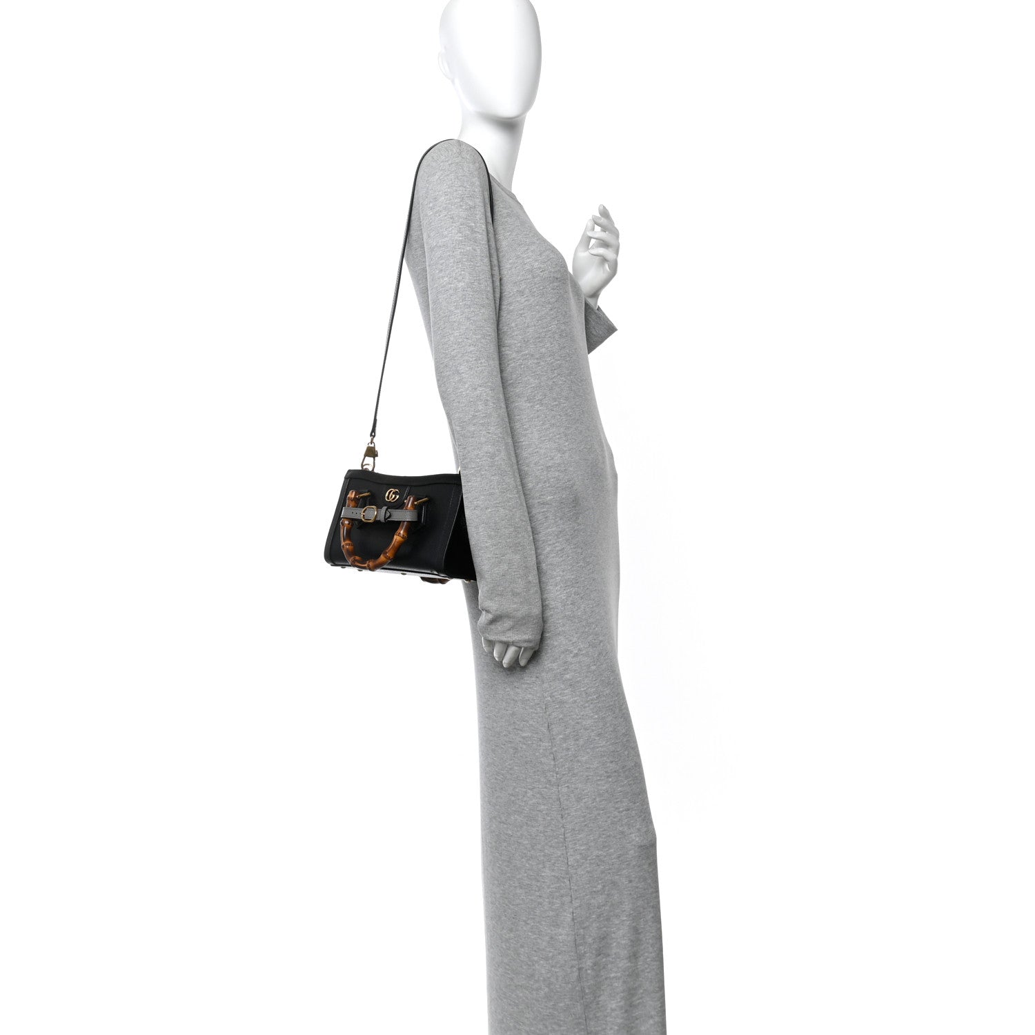 Gucci Textured Dollar Calfskin Web Small Diana Shoulder Bag Black Dusty Grey