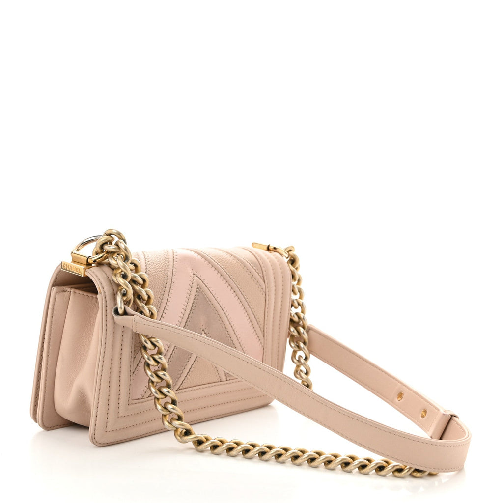 Chanel Caviar Suede Calfskin Chevron Quilted Small Boy Flap Light Pink