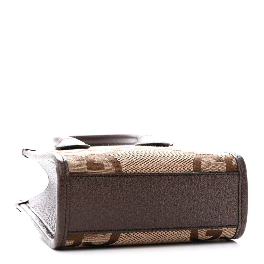 Gucci Monogram Jumbo GG Textured Dollar Calfskin Web Mini Vertical Tote Camel Ebony New Acero