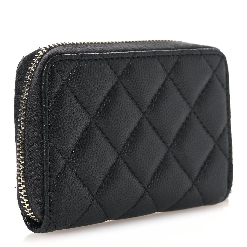 Metallic Caviar Quilted CC Zip Around Coin Purse Wallet Dark Grey