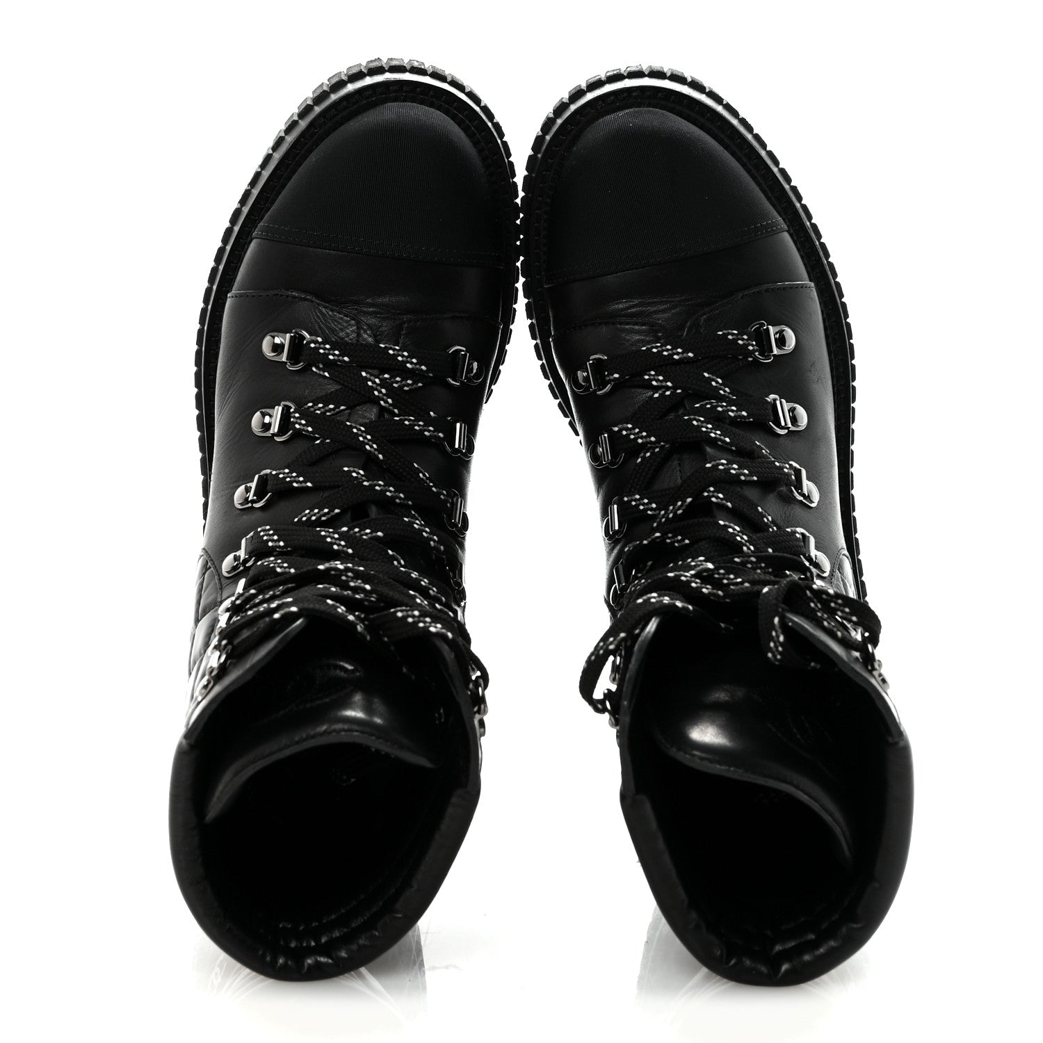 Calfskin Grosgrain Quilted Lace Up Boots 38.5 Black Grey