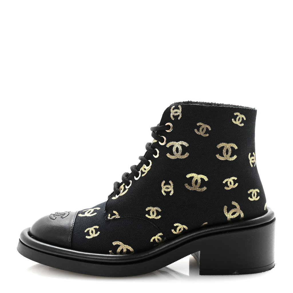 Lambskin Shearling Canvas CC Lace Up Boots 36.5 Black Gold