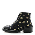 Lambskin Shearling Canvas CC Lace Up Boots 36.5 Black Gold