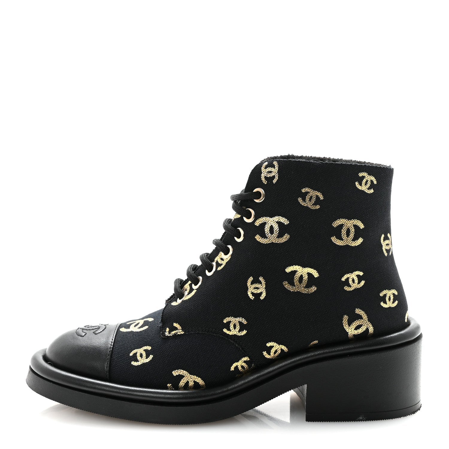 Lambskin Shearling Canvas CC Lace Up Boots 36.5 Black Gold