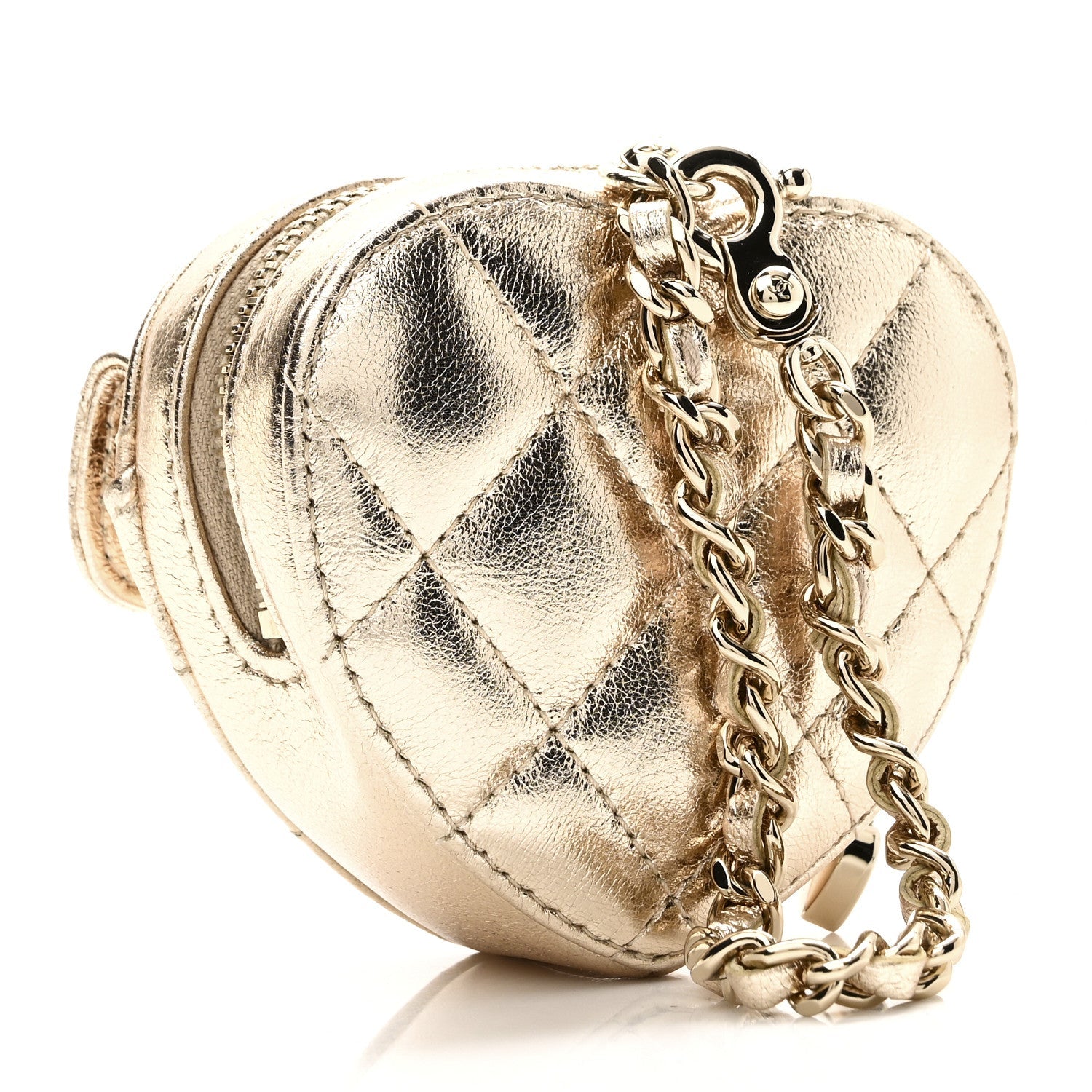 Metallic Lambskin Quilted CC Mini In Love Heart Bag Charm Gold