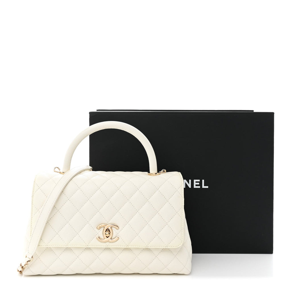 Chanel Caviar Quilted Small Coco Handle Flap White