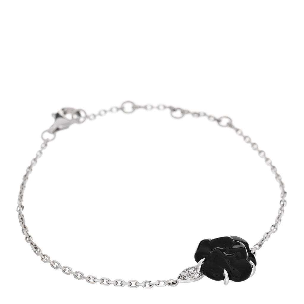 18K White Gold Diamond Black Onyx Camelia Sculpte Bracelet