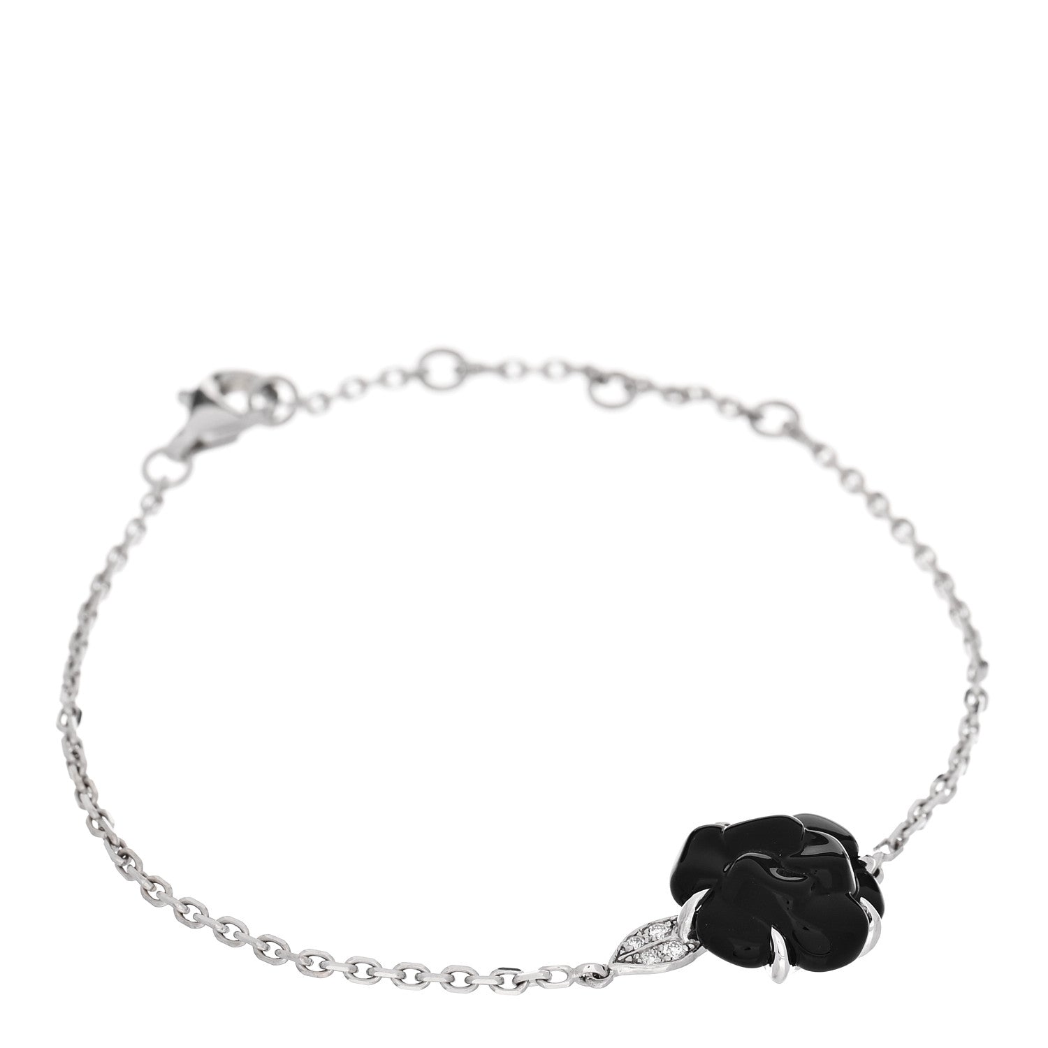 18K White Gold Diamond Black Onyx Camelia Sculpte Bracelet