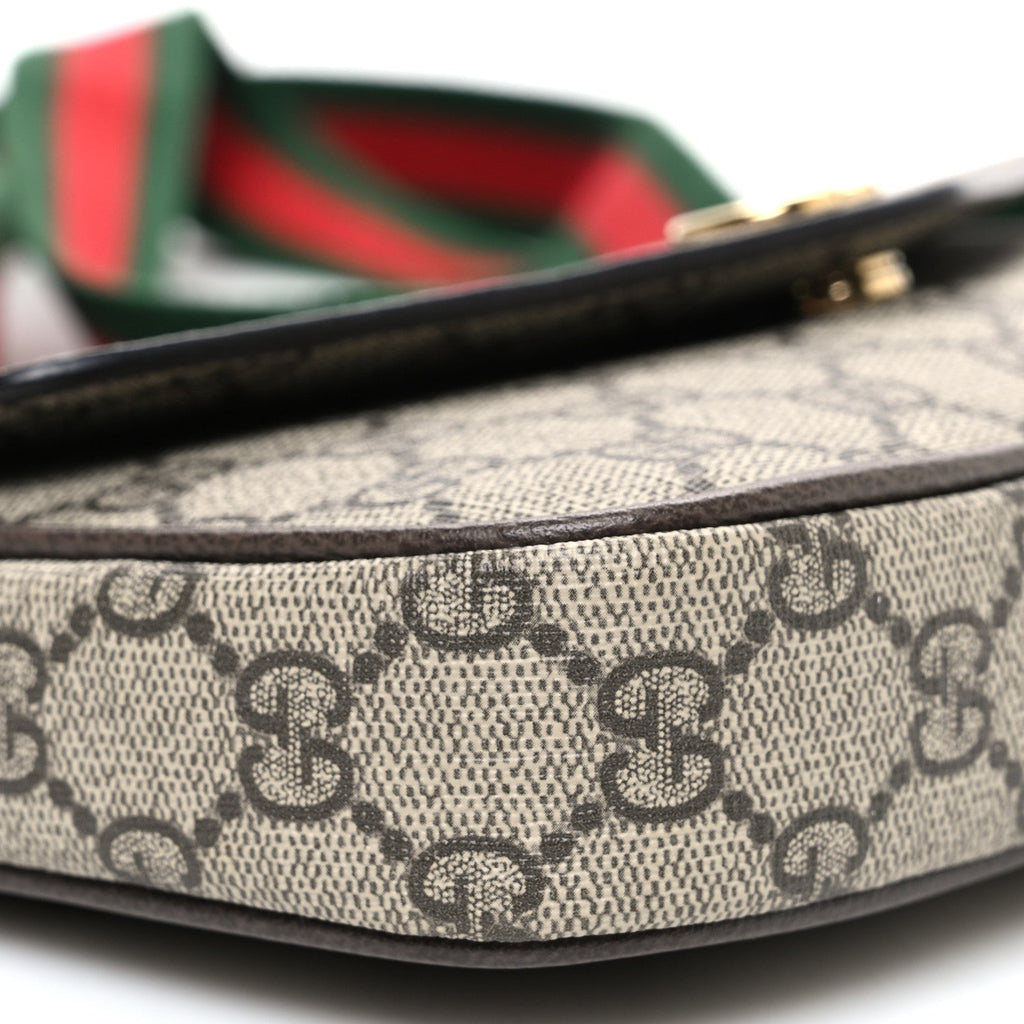 Gucci GG Supreme Monogram Textured Dollar Calfskin Web Mini Ophidia Envelope Shoulder Bag Beige Ebony New Acero