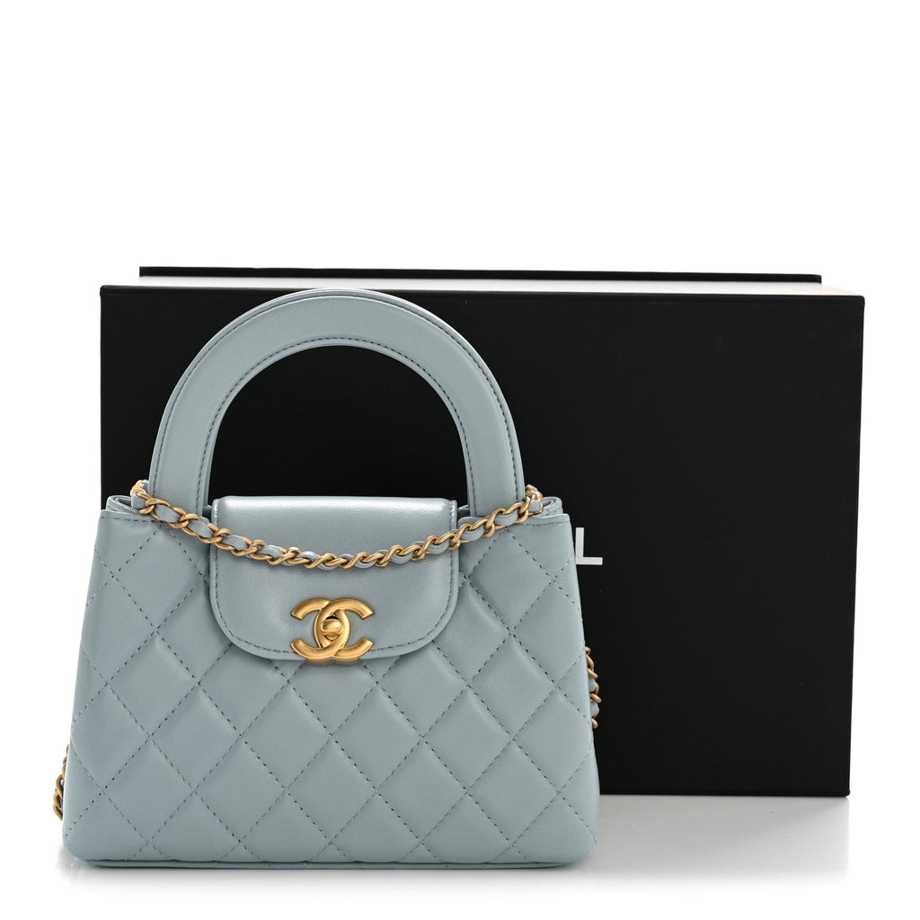 Chanel Shiny Aged Calfskin Quilted Nano Kelly Shopper Light Blue
