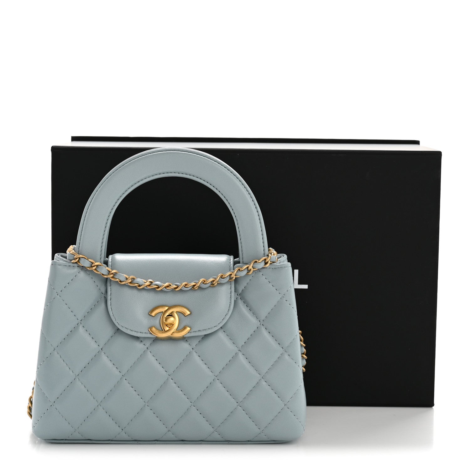 Chanel Shiny Aged Calfskin Quilted Nano Kelly Shopper Light Blue
