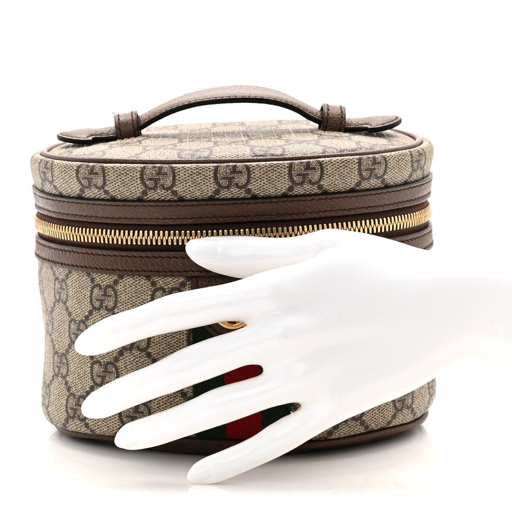 Gucci GG Supreme Monogram Textured Calfskin Web Ophidia Vanity Cosmetic Case Beige Ebony New Acero