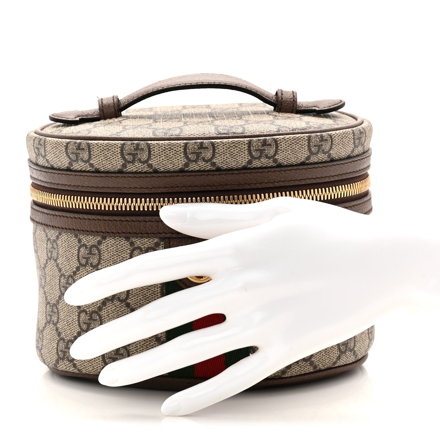 Gucci GG Supreme Monogram Textured Calfskin Web Ophidia Vanity Cosmetic Case Beige Ebony New Acero